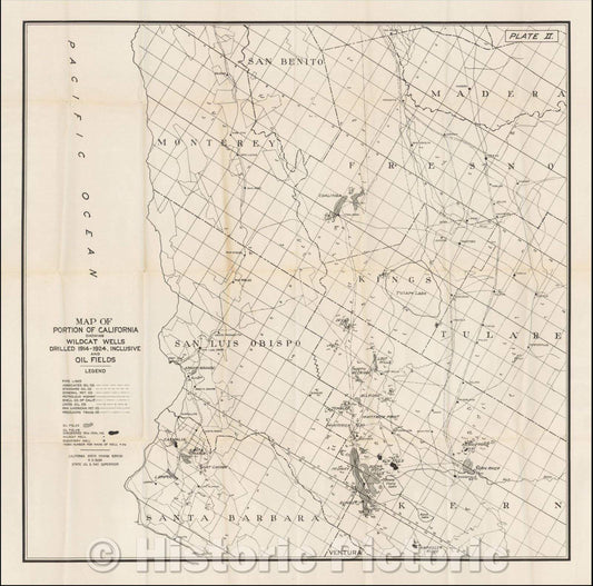 Historic Map - Map of Portion of California Showing Wildcat Wells Drilled 1914-1924, inclusive and Oil Fields, 1925, California State Mining Bureau - Vintage Wall Art