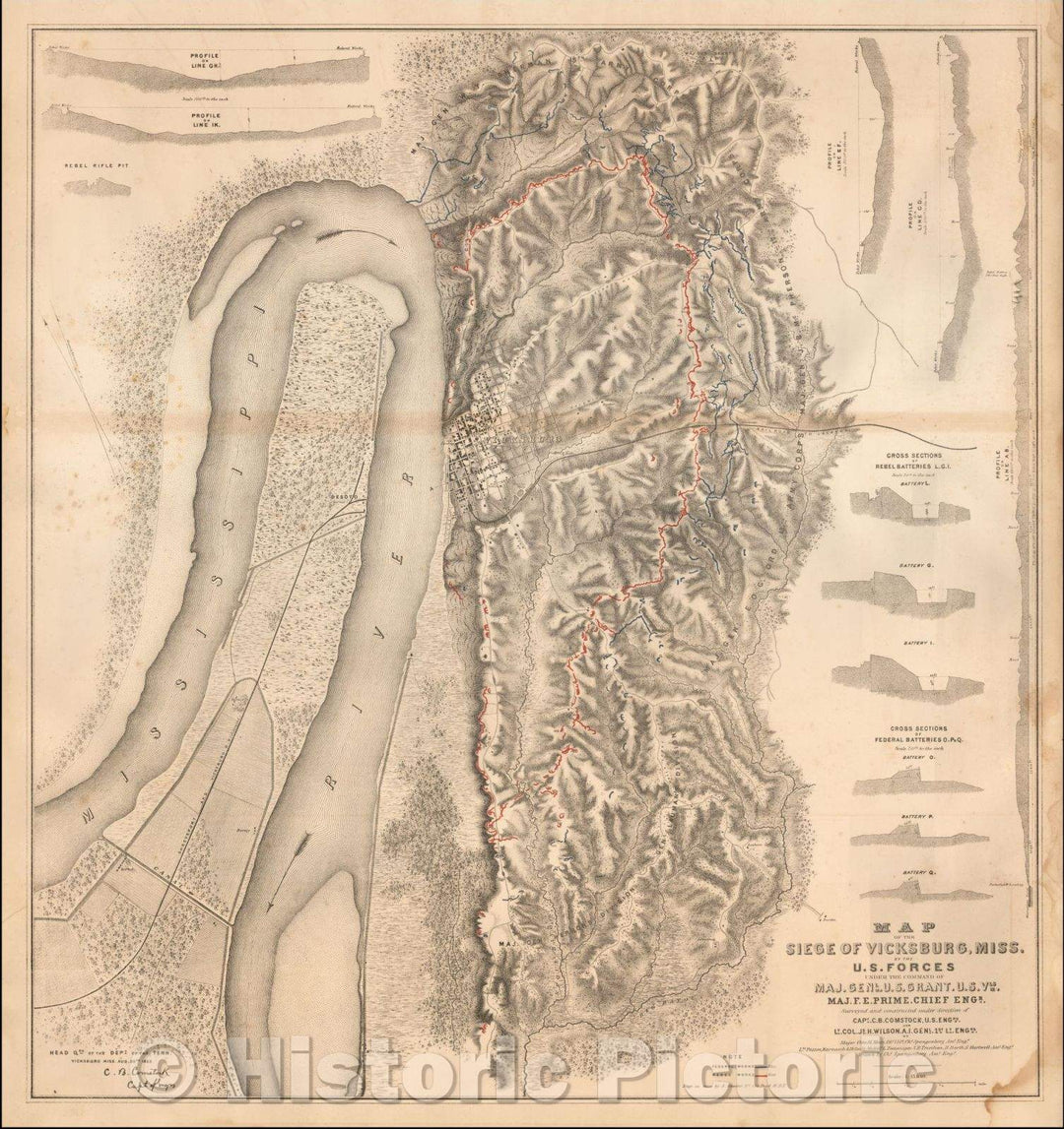 Historic Map - Map of the Siege of Vicksburg, Miss, 1863, United States Bureau of Topographical Engineers - Vintage Wall Art
