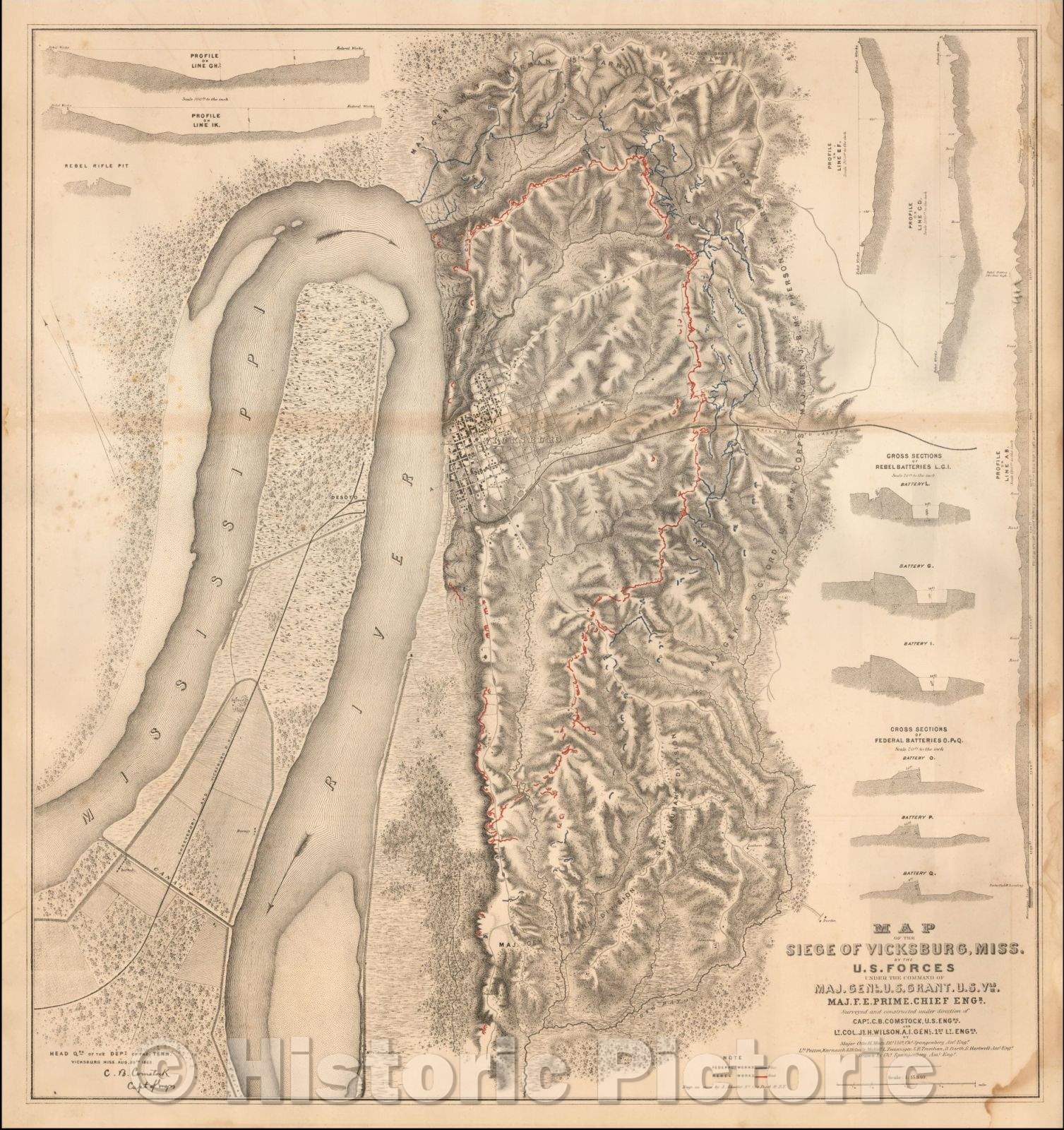 Historic Map - Map of the Siege of Vicksburg, Miss, 1863, United States Bureau of Topographical Engineers - Vintage Wall Art
