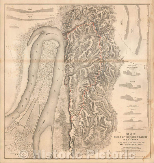 Historic Map - Map of the Siege of Vicksburg, Miss, 1863, United States Bureau of Topographical Engineers - Vintage Wall Art