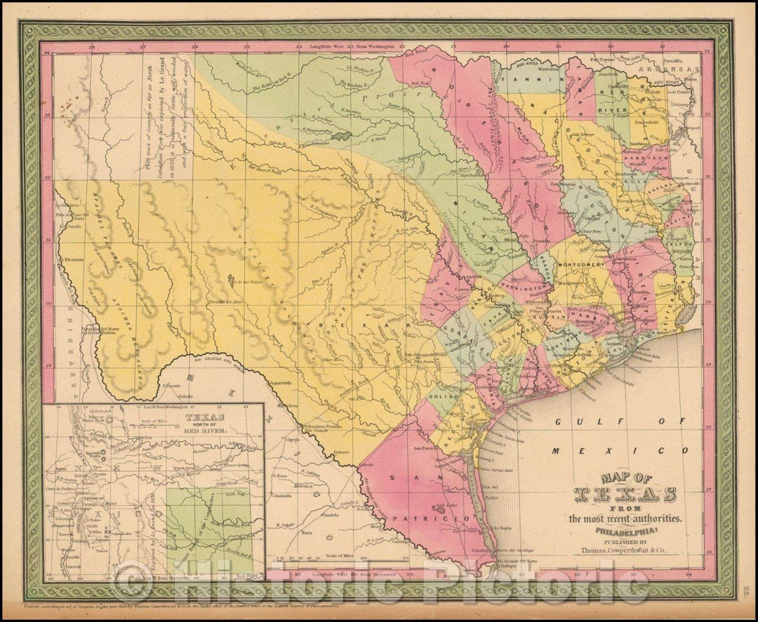 Historic Map - Map of Texas From the most recent authorities, 1850, Thomas, Cowperthwait & Co. - Vintage Wall Art