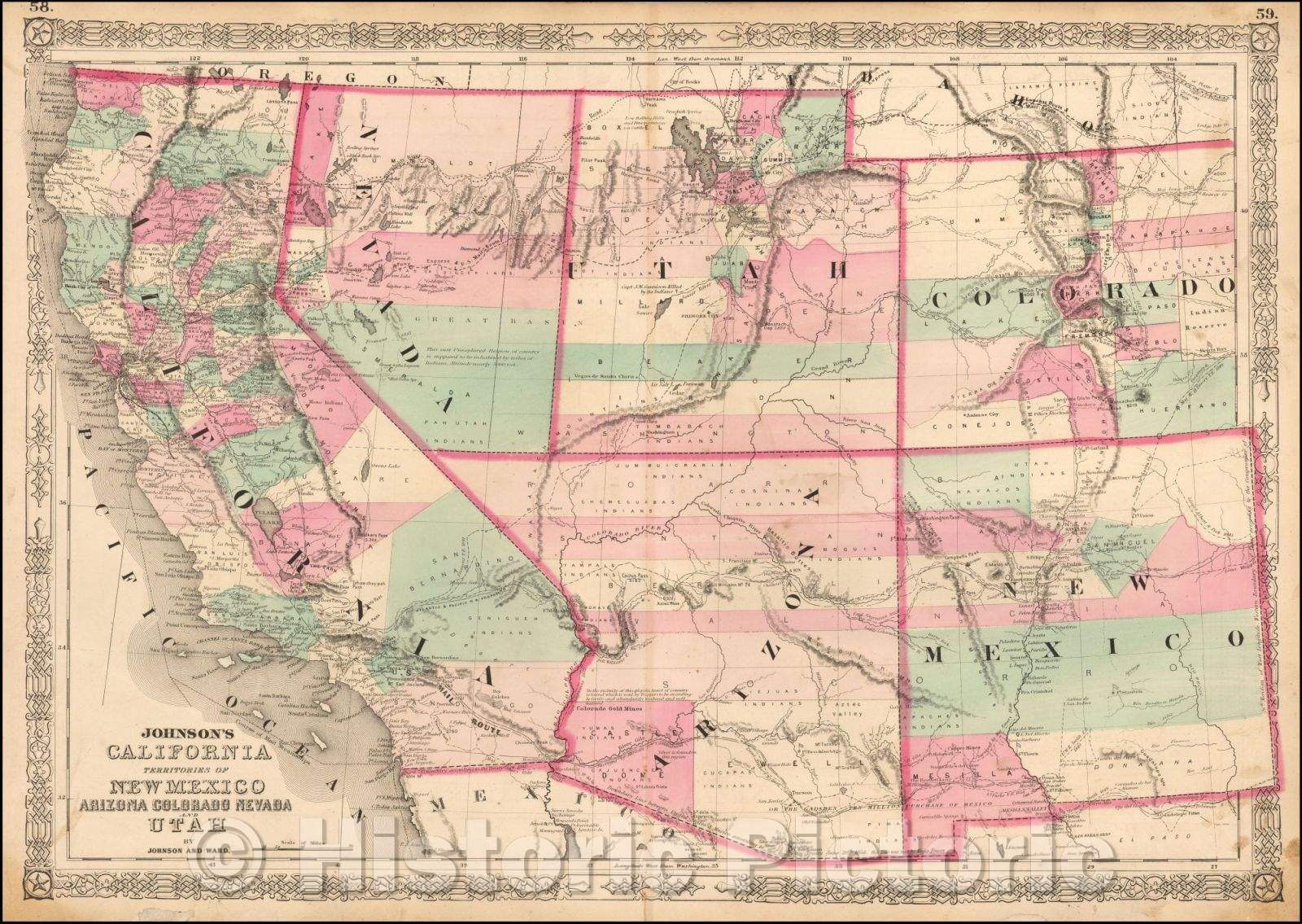 Historic Map - Johnson's California, Territories of New Mexico and Utah, 1863, Benjamin P Ward - Vintage Wall Art