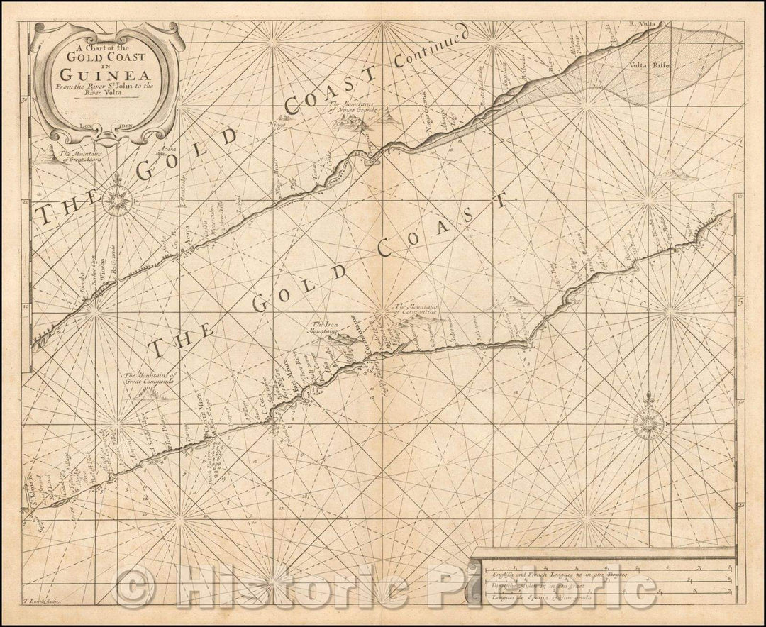 Historic Map - A Chart of the Gold Coast in Guinea From the River St. John to the River Volta, 1702, Samuel Thornton - Vintage Wall Art