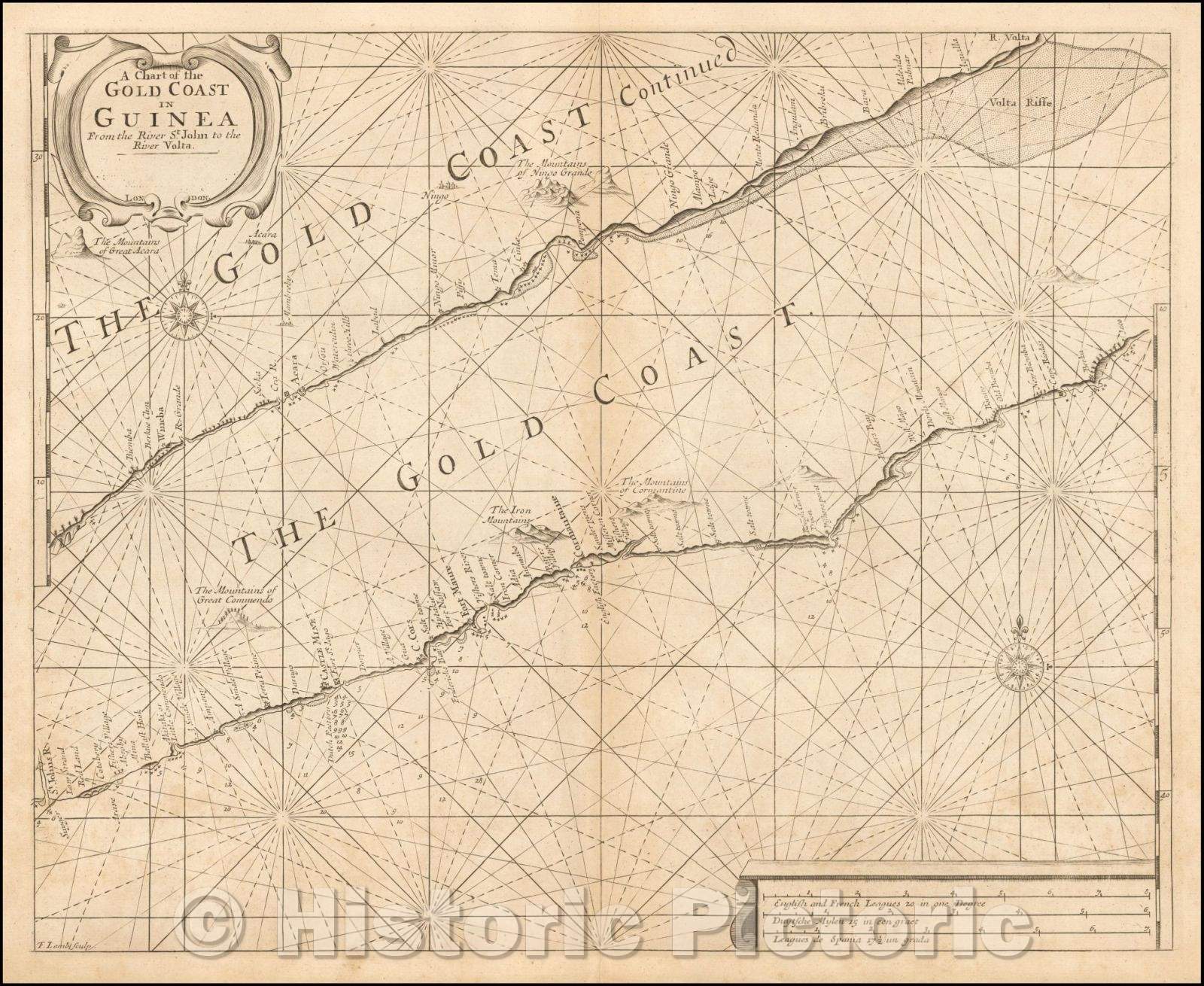 Historic Map - A Chart of the Gold Coast in Guinea From the River St. John to the River Volta, 1702, Samuel Thornton - Vintage Wall Art