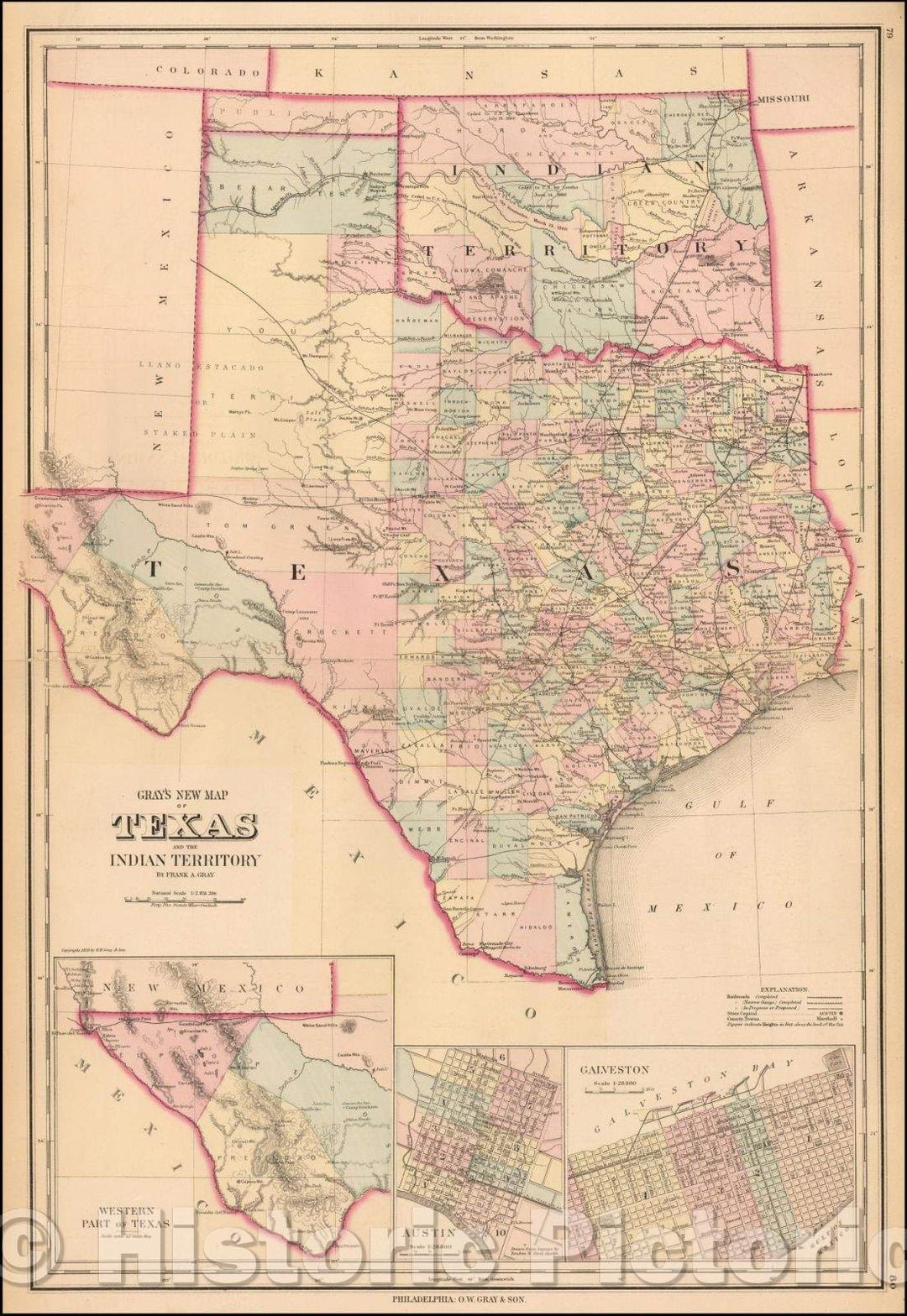 Historic Map - Gray's New Map of Texas and The Indian Territory, 1876, O.W. Gray - Vintage Wall Art