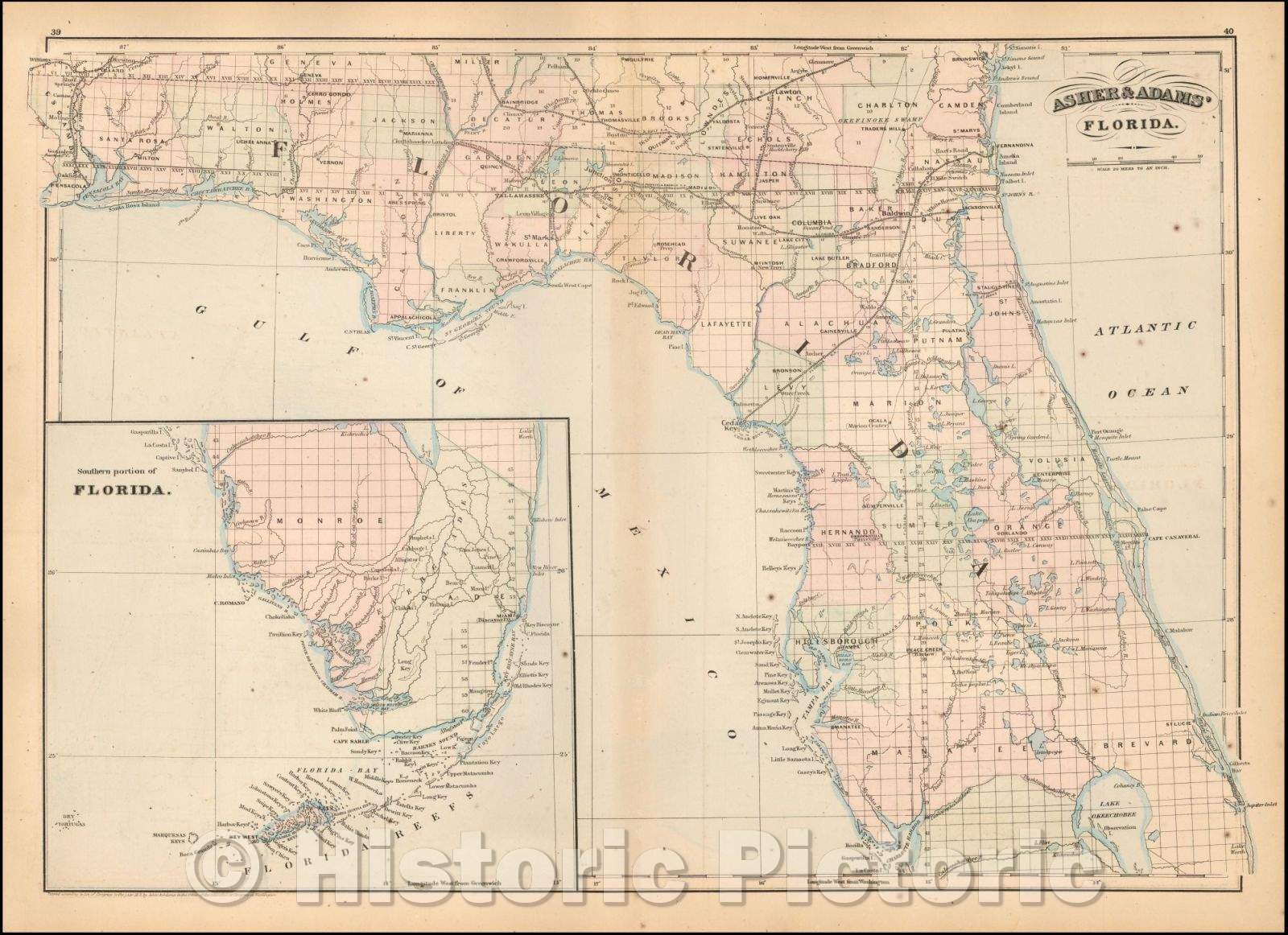 Historic Map - Asher & Adams Florida, 1874, Asher - Vintage Wall Art
