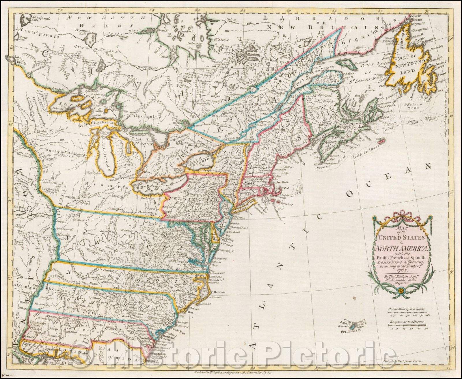 Historic Map - Map of the United States in North America: with the British, French and Spanish Dominions, 1783, Thomas Kitchin v1