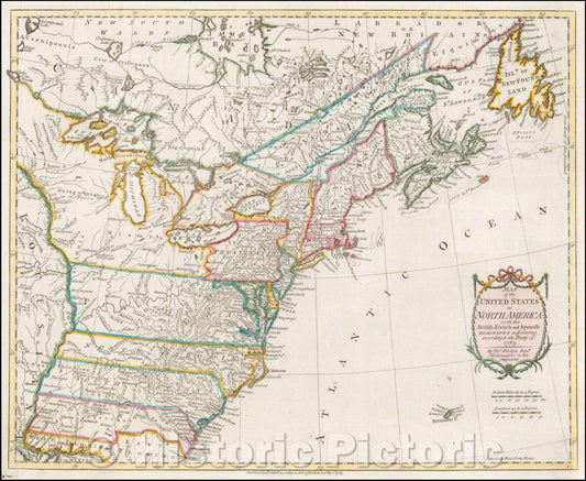 Historic Map - Map of the United States in North America: with the British, French and Spanish Dominions, 1783, Thomas Kitchin v1