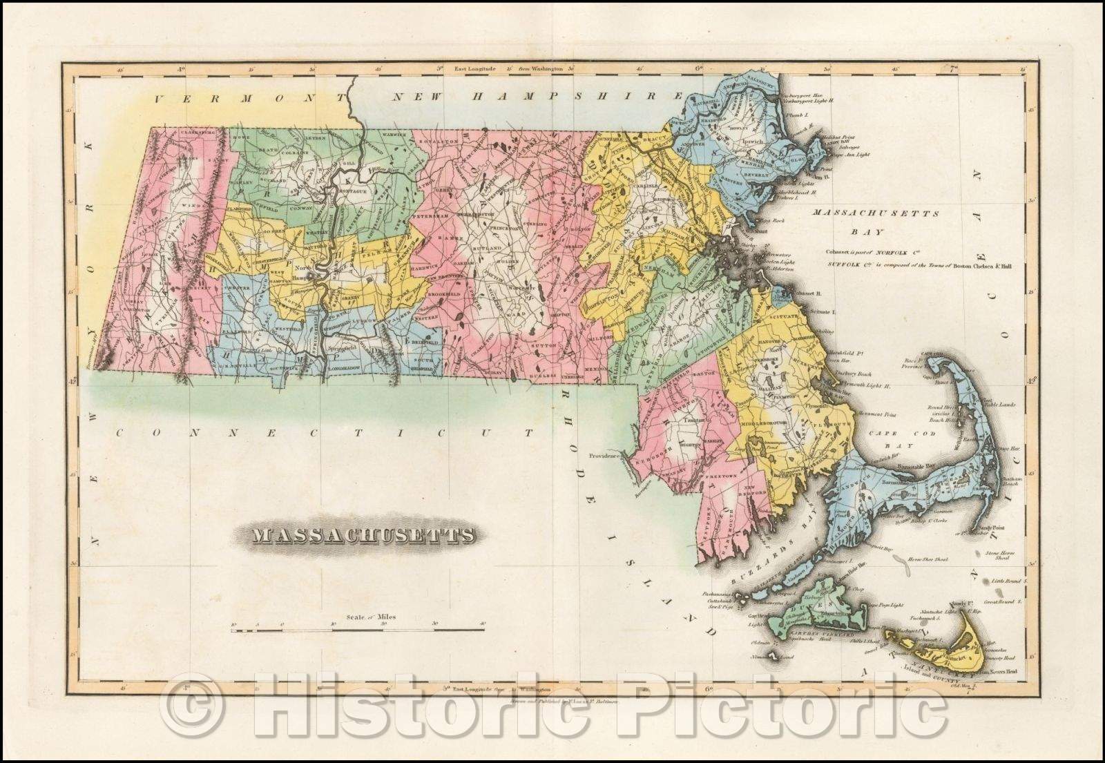 Historic Map - Massachusetts, 1823, Fielding Lucas Jr. - Vintage Wall Art