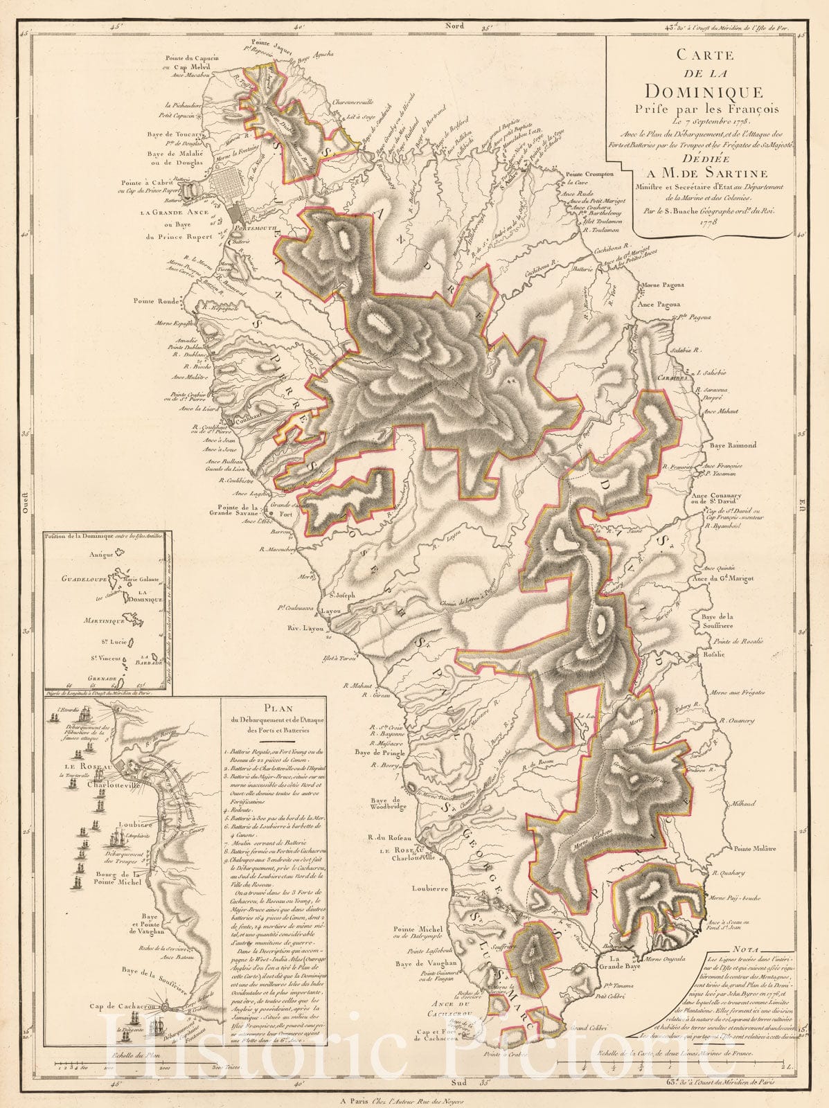 Historic Map - (Dominica) Carte de la Dominique Prise/Revolutionary War era Map of Dominica, Naval engagement,7 French Frigates, 1778, Philippe Buache - Vintage Wall Art