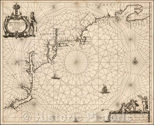 Historic Map - Pascaerte van Nieu Nederlant, Virginies, Nieu Engelant en Nova Francia, 1650, Anthonie (Theunis) Jacobsz - Vintage Wall Art