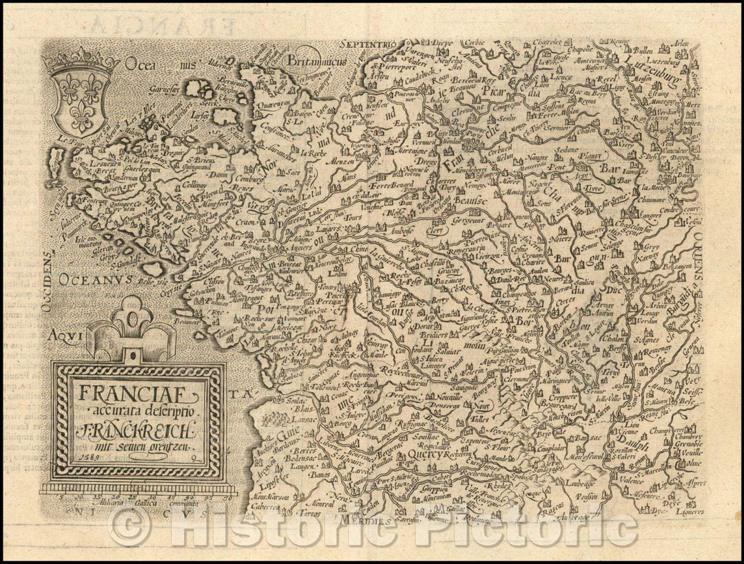Historic Map - Franciae accurata descriptio. Franckreich mit semen grentzen. / 16th Century modern Map of France, published in Cologne, 1592, Matthias Quad - Vintage Wall Art