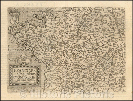 Historic Map - Franciae accurata descriptio. Franckreich mit semen grentzen. / 16th Century modern Map of France, published in Cologne, 1592, Matthias Quad - Vintage Wall Art