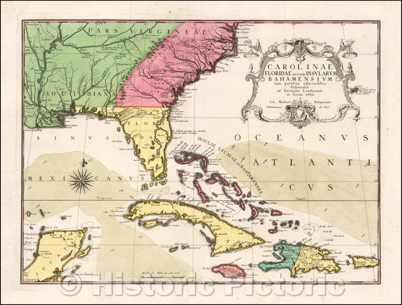 Historic Map - Carolinae Floridae nec non Insularum Bahamensium cum partibus adjacentibus delinatio ad Exemplar Londinense in lucem edita, 1755, Mark Catesby - Vintage Wall Art