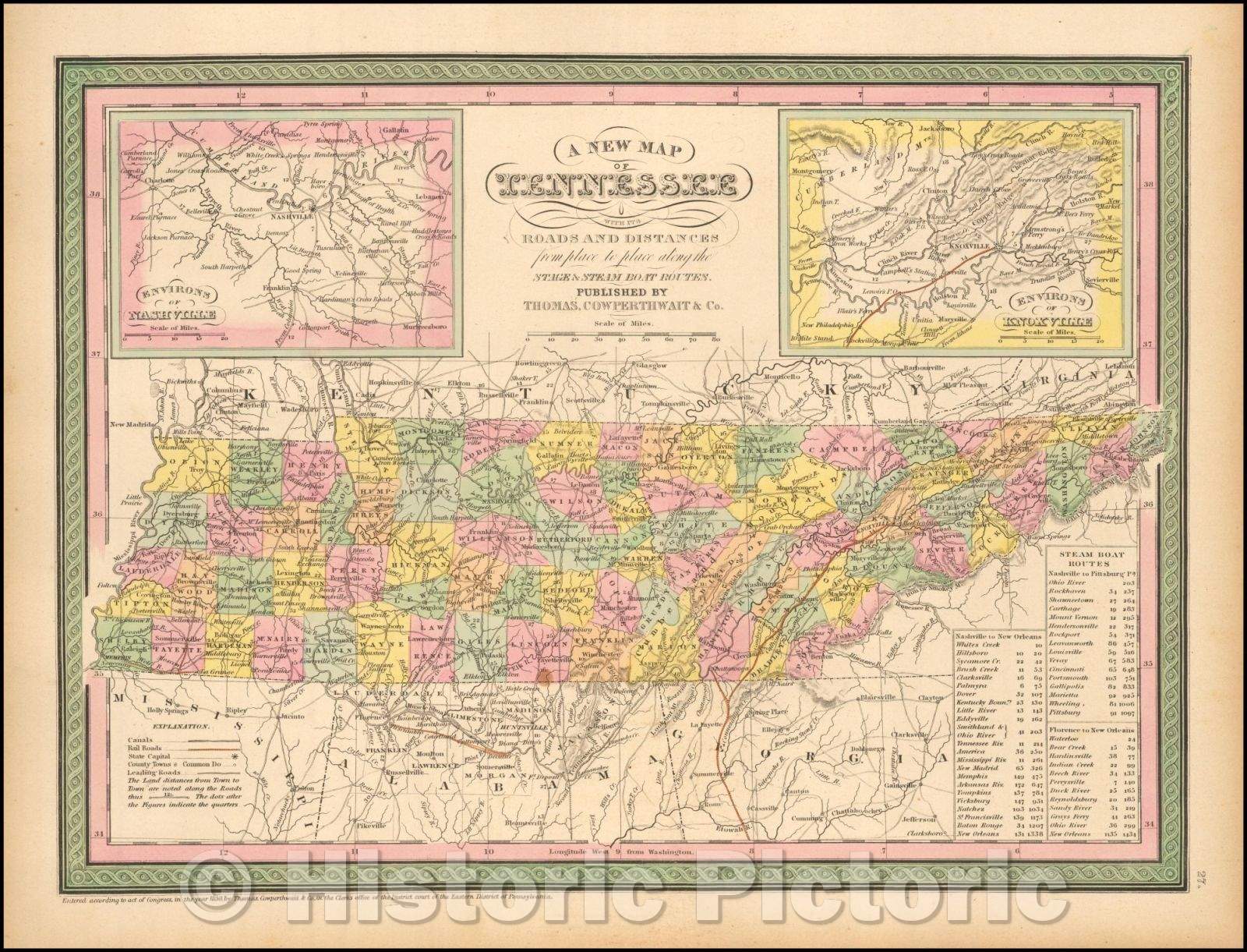 Historic Map - Tennessee with its Roads & Distances from place to place along the Stage & Steamboat Routes, 1852, Thomas, Cowperthwait & Co. - Vintage Wall Art
