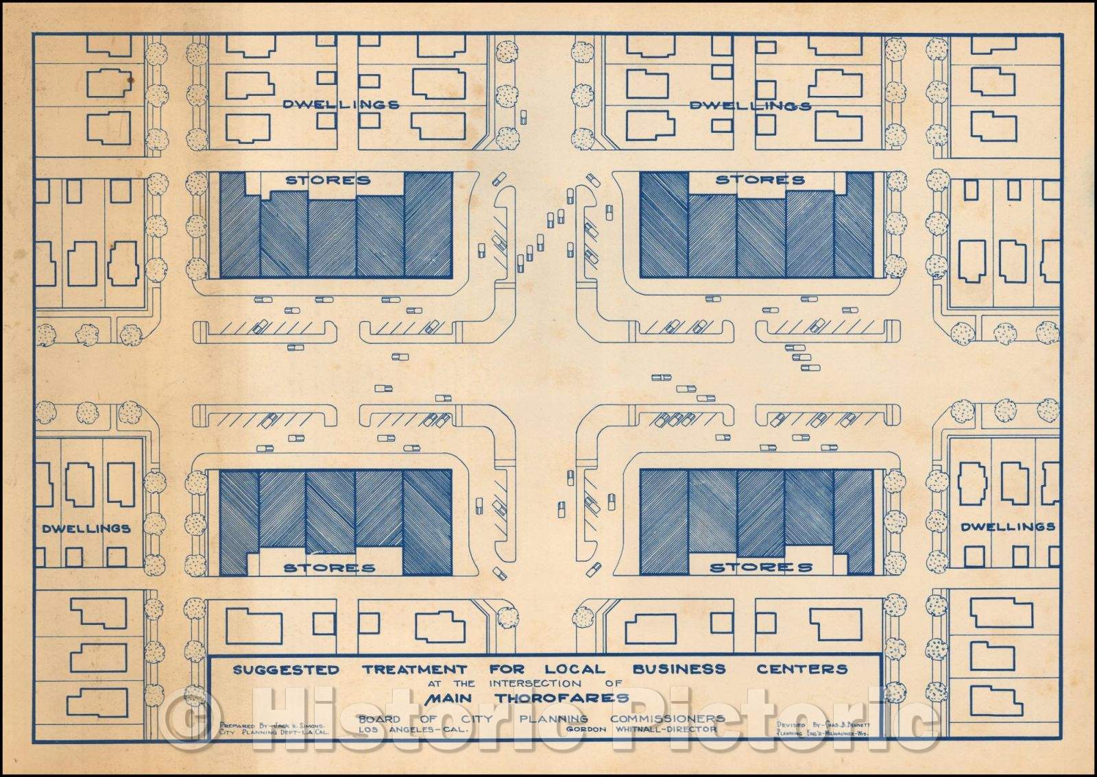 Historic Map - Suggested Treatment For Local Business Centers At the Intersection of Main Thorofares, 1928, Charles B. Bennett - Vintage Wall Art