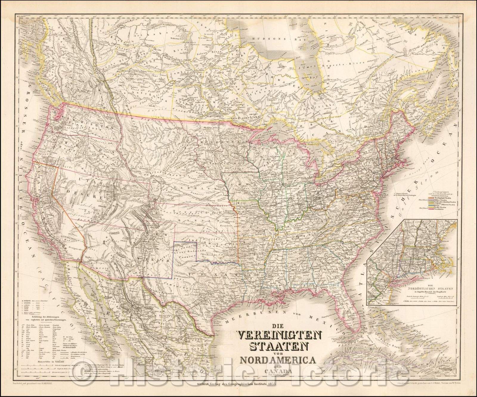 Historic Map - Die Vereinigten Staaten von Nord America nebst Canada, 1855, Heinrich Kiepert - Vintage Wall Art