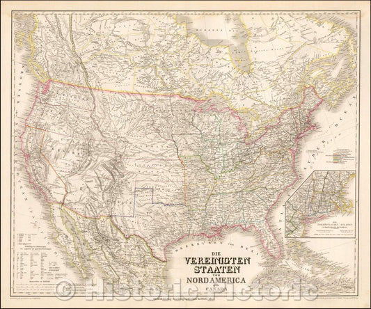 Historic Map - Die Vereinigten Staaten von Nord America nebst Canada, 1855, Heinrich Kiepert - Vintage Wall Art