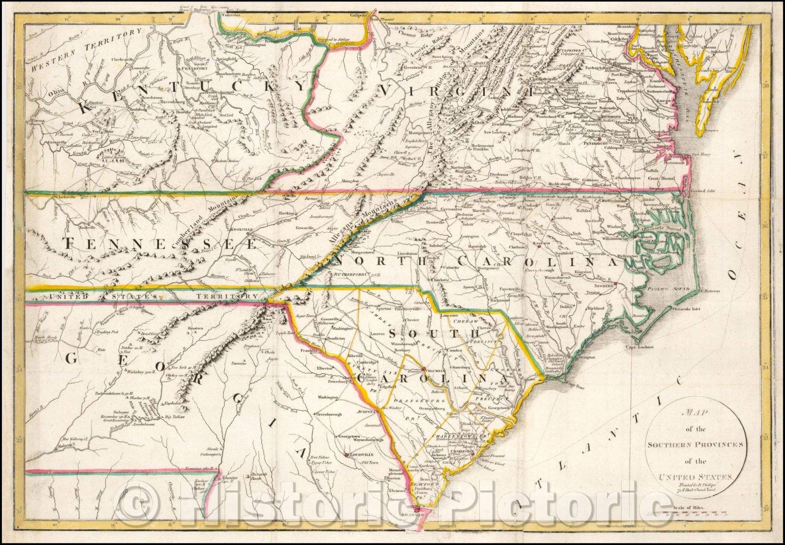 Historic Map - Map of the Southern Provinces of the United States, 1799, John Russell - Vintage Wall Art
