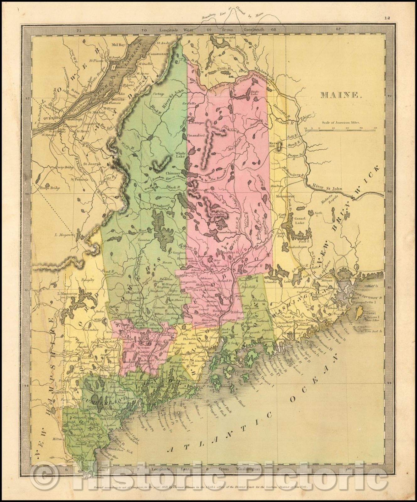 Historic Map - Maine [showing disputed boundaries as claimed, 1836, David Hugh Burr - Vintage Wall Art