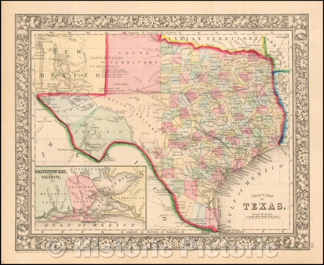 Historic Map - County Map of Texas, 1865, Samuel Augustus Mitchell Jr. - Vintage Wall Art