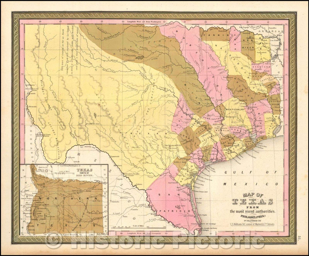 Historic Map - Map of Texas From the most recent authorities, 1850, Samuel Augustus Mitchell - Vintage Wall Art