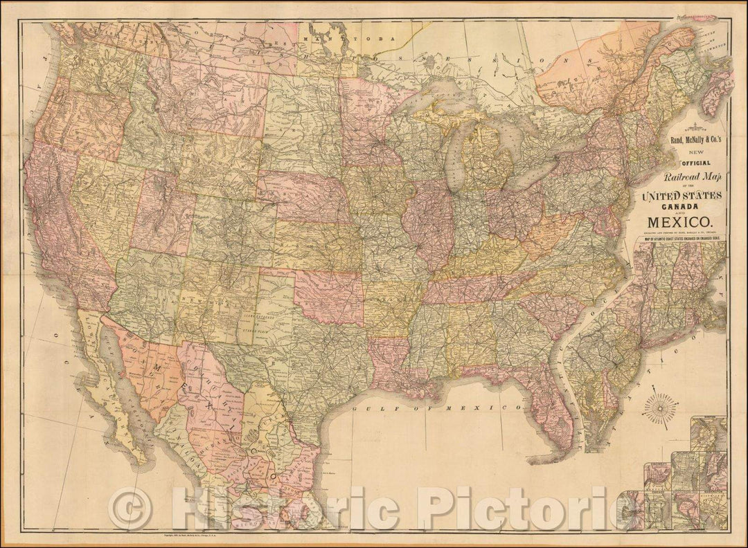 Historic Map - Rand, McNally & Co.'s New Official Railroad Map of the United States Canada and Mexico, 1887, Rand McNally & Company - Vintage Wall Art