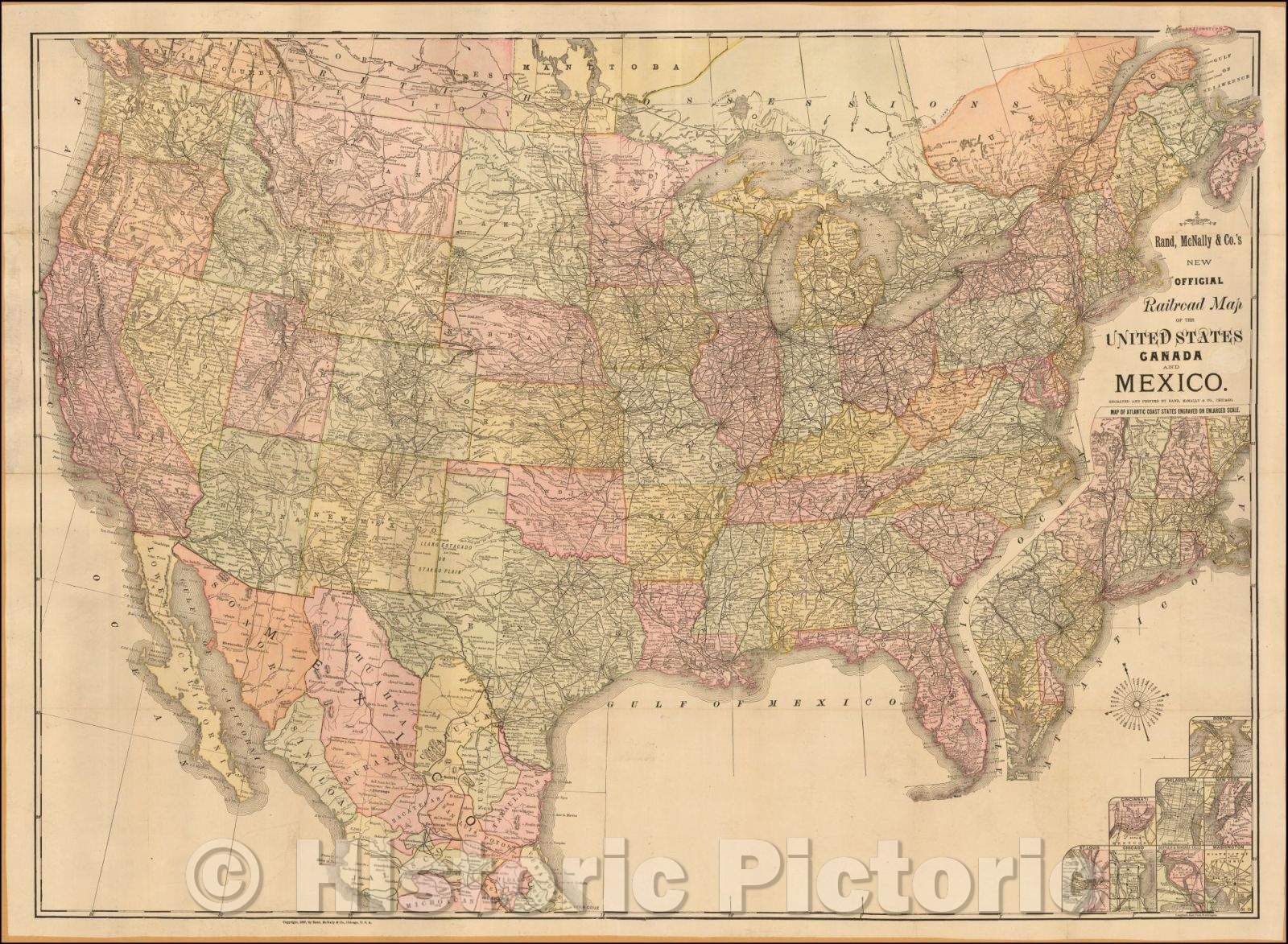 Historic Map - Rand, McNally & Co.'s New Official Railroad Map of the United States Canada and Mexico, 1887, Rand McNally & Company - Vintage Wall Art