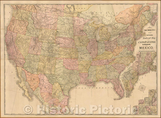Historic Map - Rand, McNally & Co.'s New Official Railroad Map of the United States Canada and Mexico, 1887, Rand McNally & Company - Vintage Wall Art