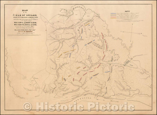 Historic Map - Map of the Field of Shiloh Near Pittsburgh Landing, Tenn. Shewing The Positions of the U.S. Forces, 1862, Otto H. Matz - Vintage Wall Art