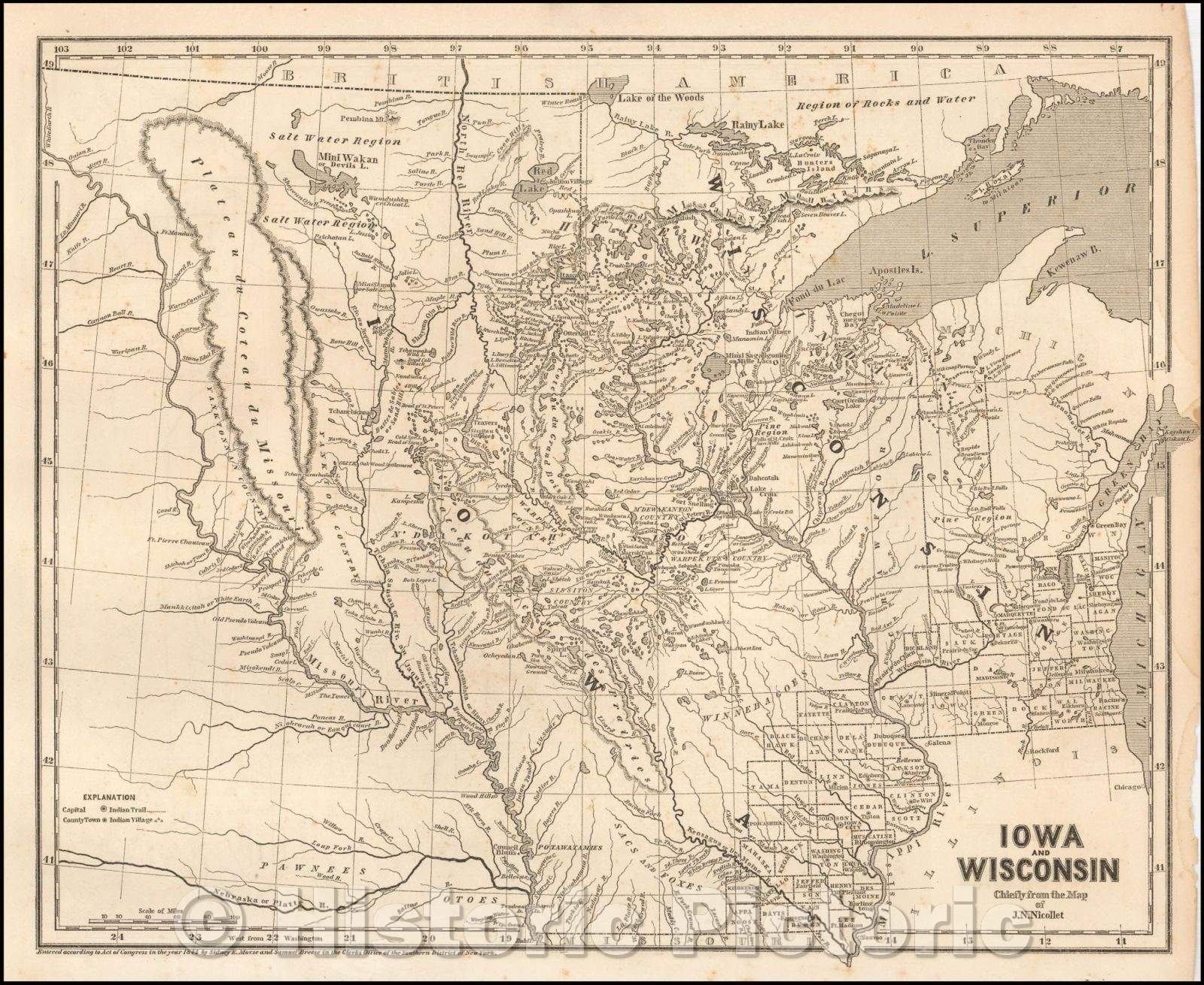 Historic Map - Iowa and Wisconsin Chiefly from the Map of J.N. Nicollet, 1844, Sidney Morse - Vintage Wall Art