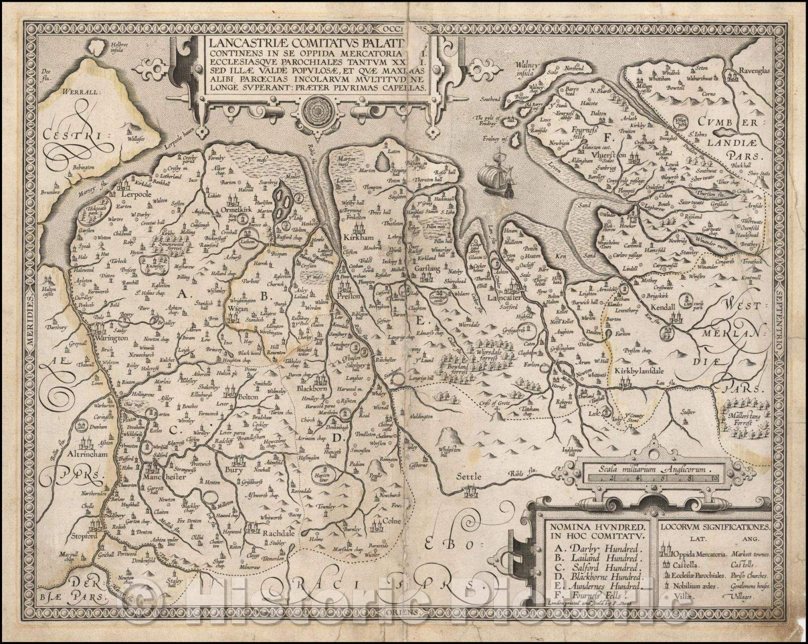 Historic Map - County of Lancaster/Lancastriae Comitatus Palattinus, Continens in se Oppida Mercatoria XVI Ecclesiaque Parochiales Tantum, 1602 - Vintage Wall Art