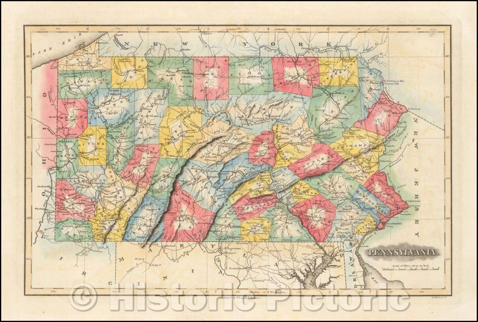 Historic Map - Pennsylvania, 1822, Fielding Lucas Jr. - Vintage Wall Art