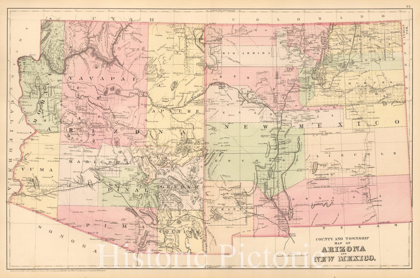 Arizona and New Mexico - County and Township Map, 1878 | Historical Map Print