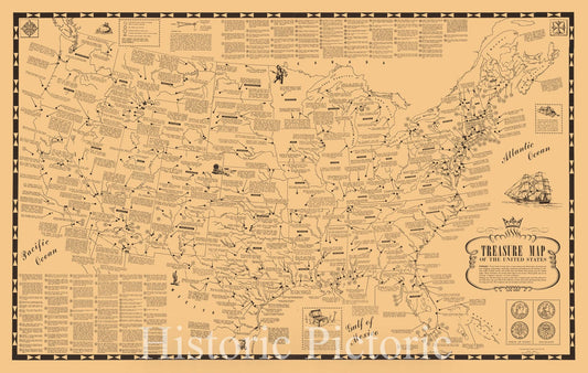 Historic Map - Treasure Map of the United States, 1957, Walter Drake & Sons - Vintage Wall Art