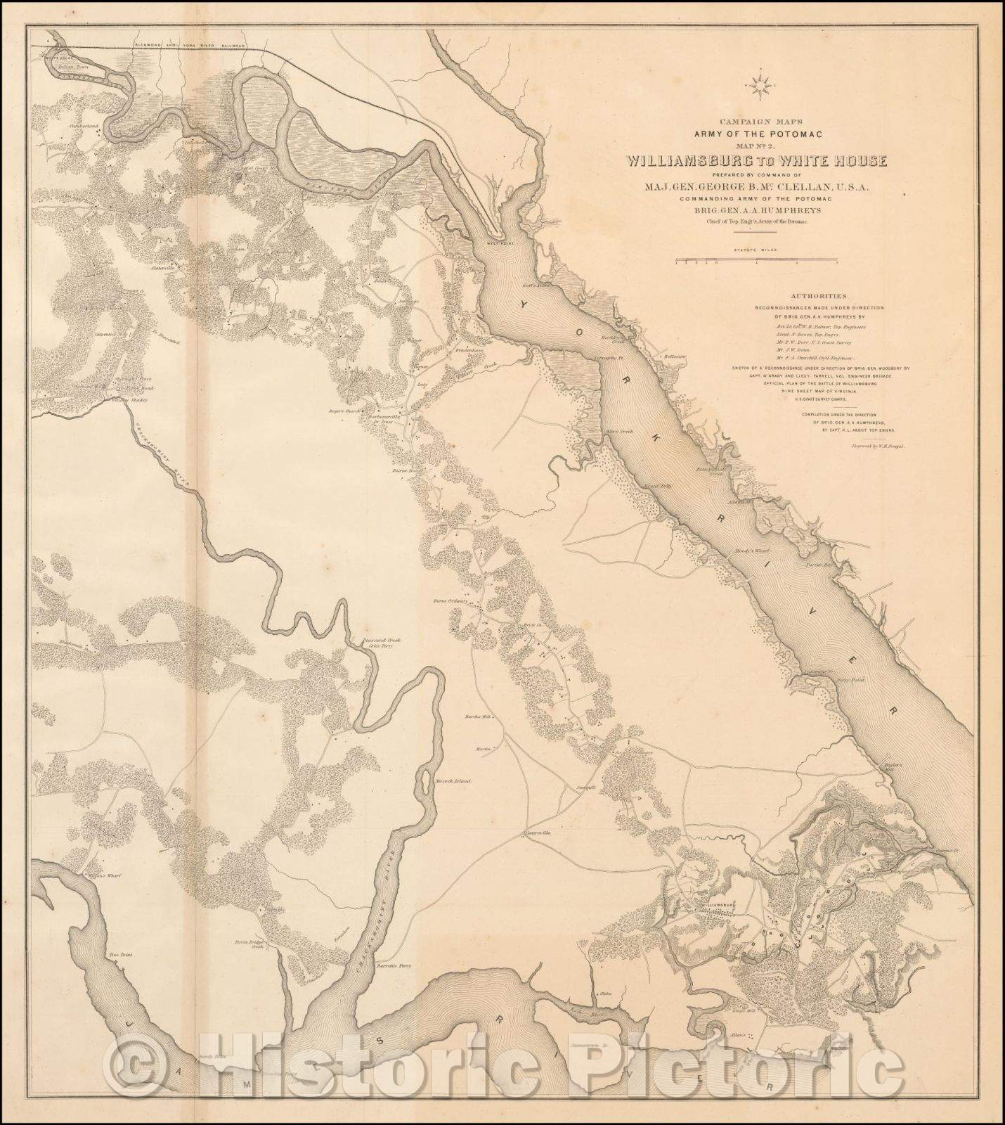 Historic Map - Campaign Maps Army of the Potomac Map No. 2. Williamsburg to White House, Prepared, 1862, U.S. War Department - Vintage Wall Art