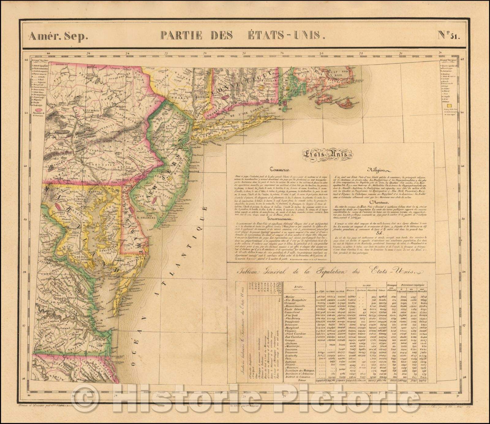 Historic Map - Amer. Sep. No. 51. Partie des ?ats Unis Virginia, Maryland, Delaware, New Jersey, Pennsylvania, New York, Connecticut, 1825 v3