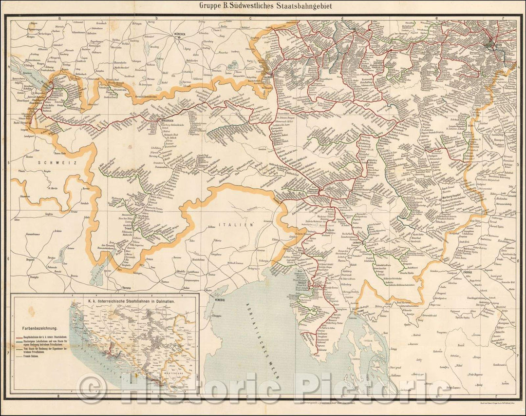 Historic Map - Bruppe B. Sudwestliches Staatsbahngebiet/Map showing the railway lines in Southwestern Austria, 1910, Anonymous - Vintage Wall Art
