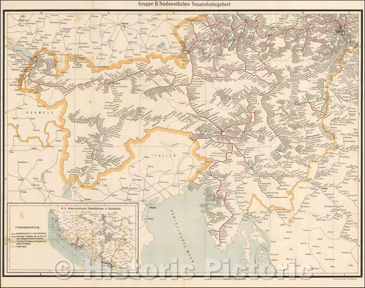 Historic Map - Bruppe B. Sudwestliches Staatsbahngebiet/Map showing the railway lines in Southwestern Austria, 1910, Anonymous - Vintage Wall Art