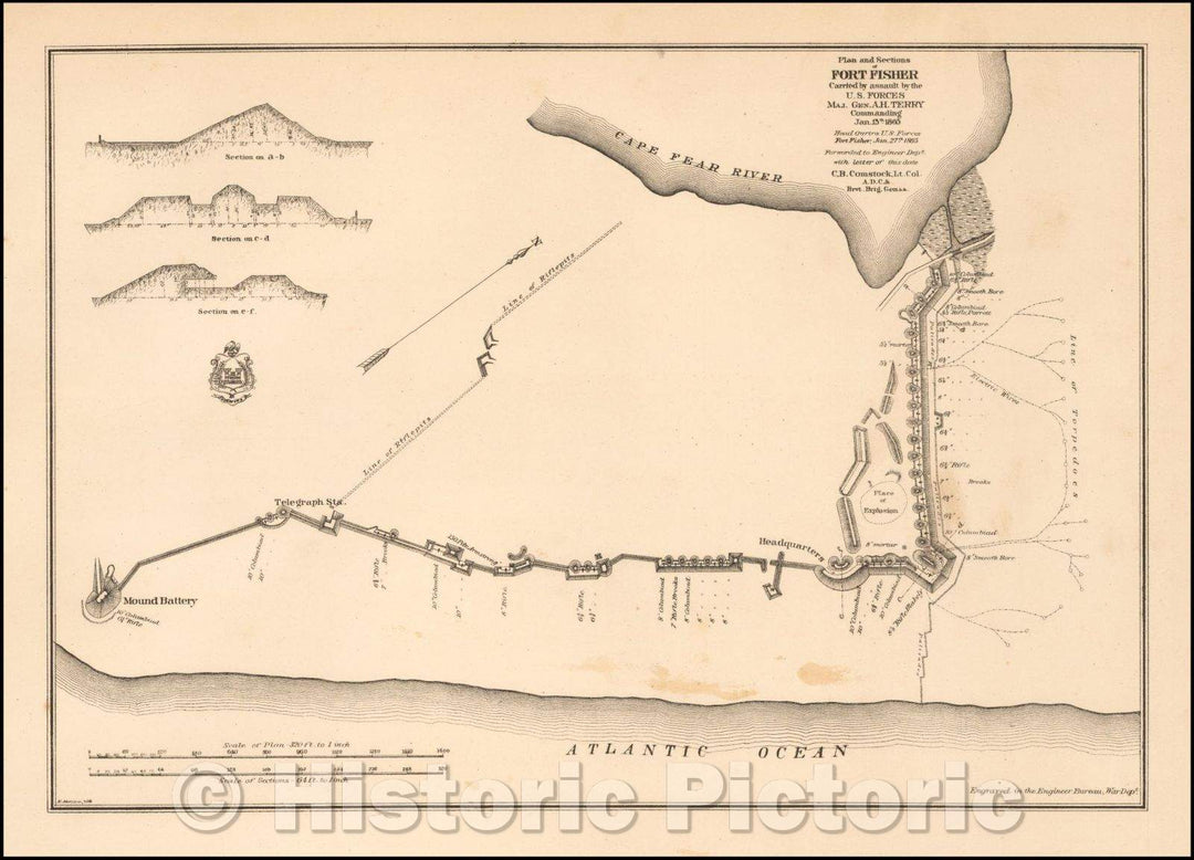 Historic Map - Plan and Sections of Fort Fisher Carried, 1865, United States War Dept. - Vintage Wall Art