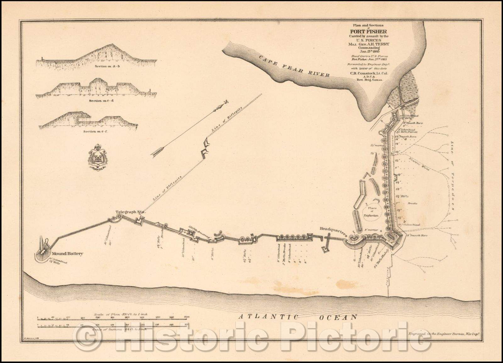 Historic Map - Plan and Sections of Fort Fisher Carried, 1865, United States War Dept. - Vintage Wall Art