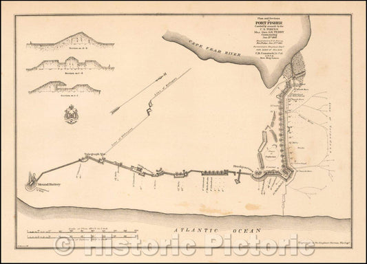 Historic Map - Plan and Sections of Fort Fisher Carried, 1865, United States War Dept. - Vintage Wall Art