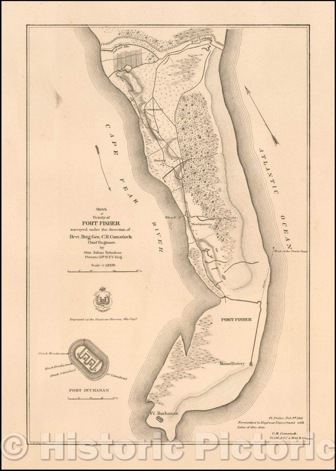 Historic Map - Sketch of the Vicinity of Fort Fisher surveyed, 1865, U.S. War Department - Vintage Wall Art