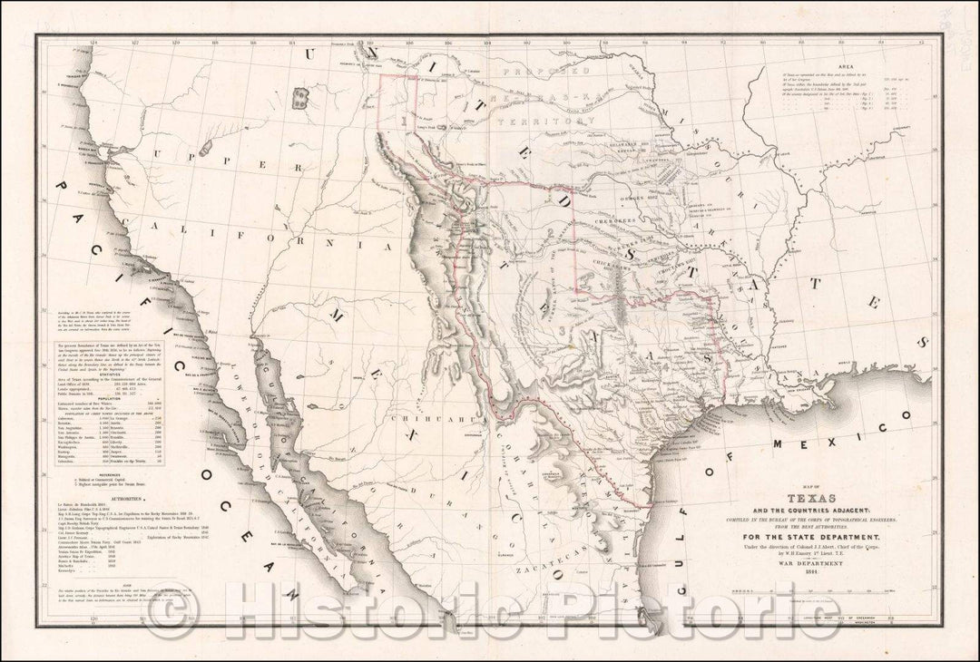 Historic Map - Map of Texas and the Countries Adjacent, compiled in the Bureau of the Corps of Topographical Engineers, 1844, William Hemsley Emory - Vintage Wall Art