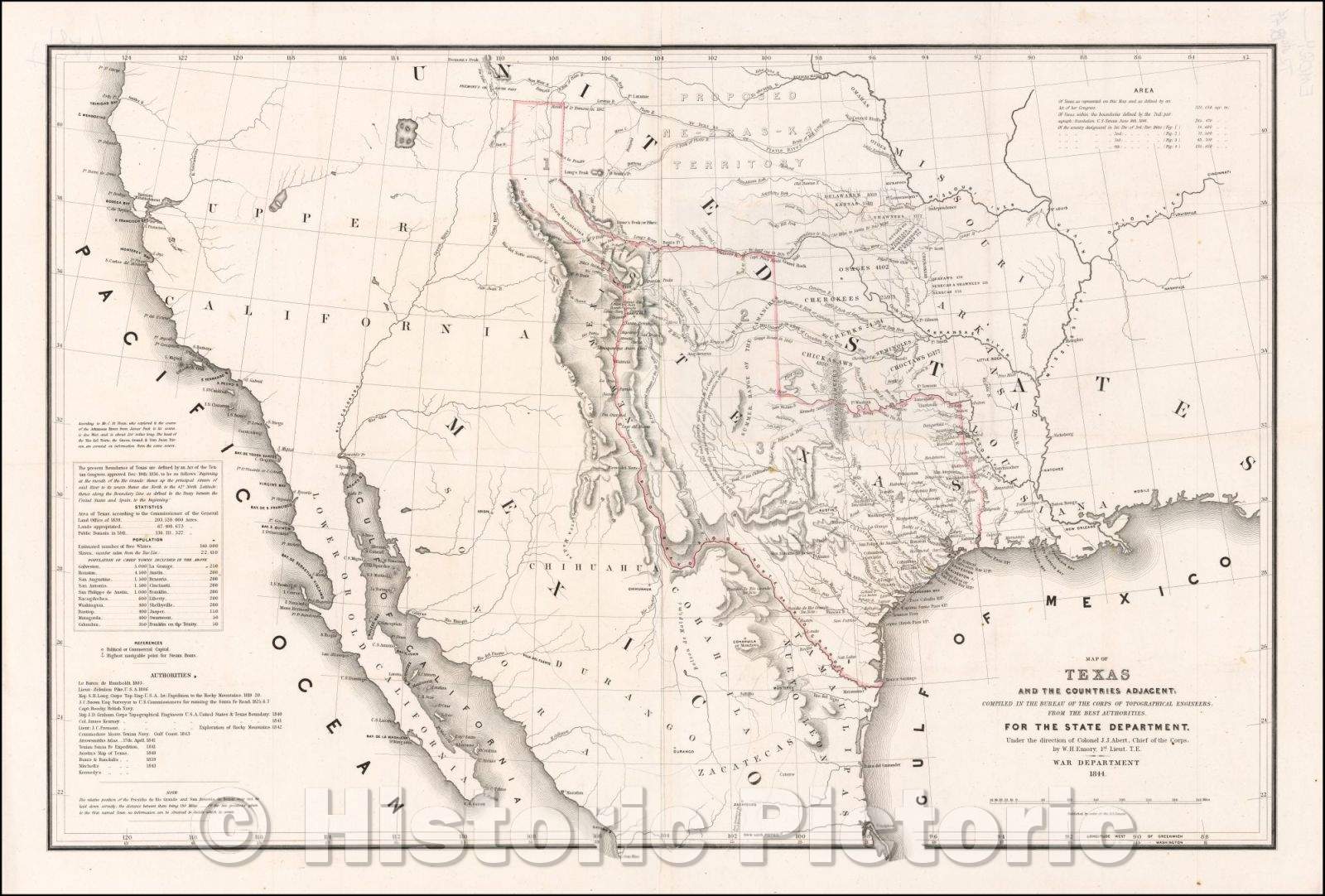 Historic Map - Map of Texas and the Countries Adjacent, compiled in the Bureau of the Corps of Topographical Engineers, 1844, William Hemsley Emory - Vintage Wall Art