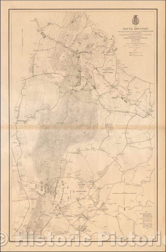 Historic Map - South Mountain showing the positions of the forces of the United States and the enemy during the battle fought, 1872 - Vintage Wall Art