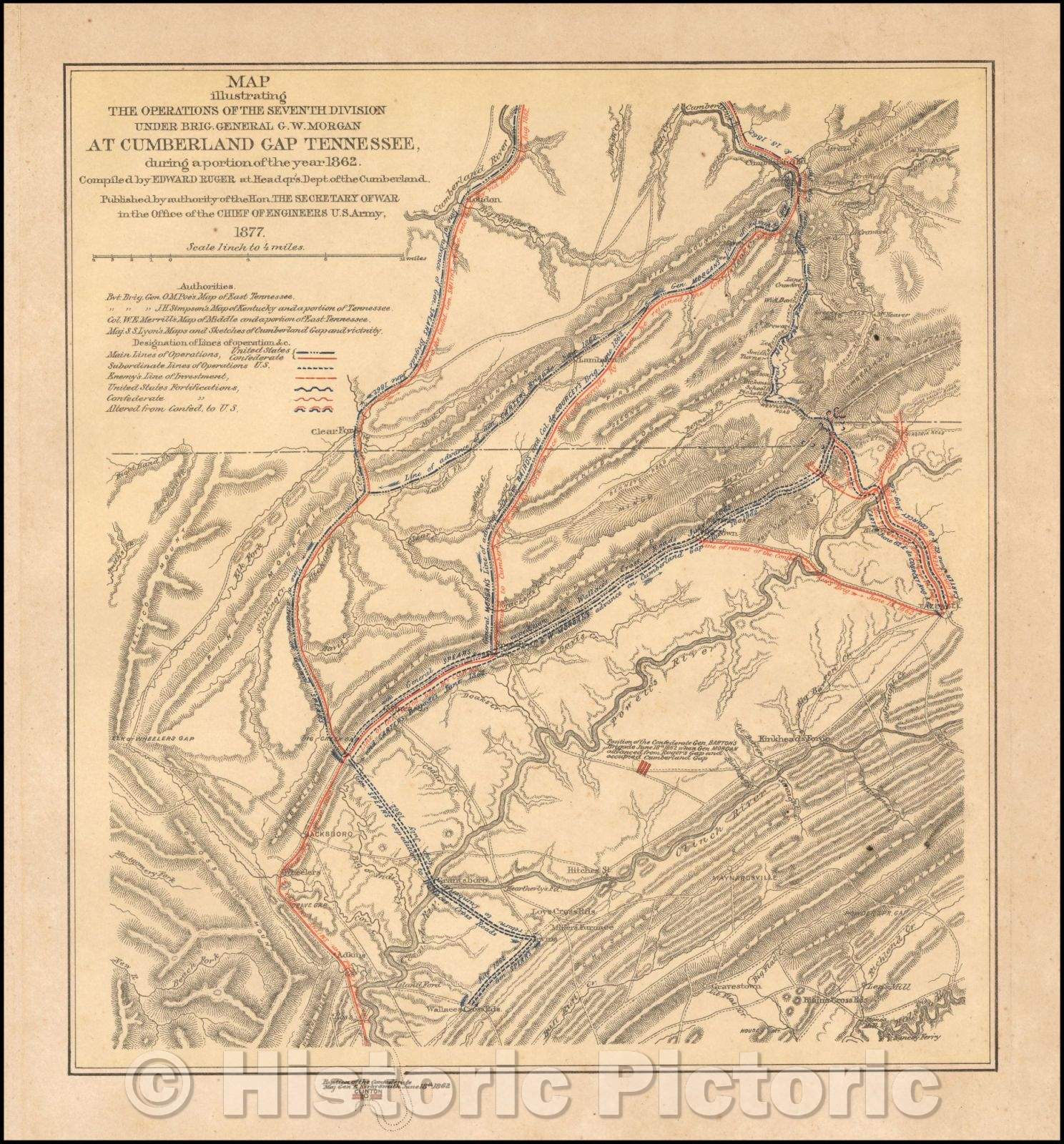 Historic Map - Map illustrating the operations of the Seventh Division under Brig. General G. W. Morgan at Cumberland Gap, Tennessee, 1877, Edward Ruger - Vintage Wall Art