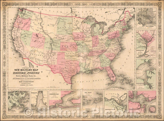 Historic Map - Johnson's New Military Map of the United States Forts, Military Posts with Enlarged Plans of the Southern Harbors, 1863, Benjamin P Ward - Vintage Wall Art