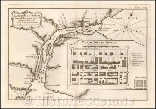 Historic Map - Detroit La Riviere Du Detroit Depuis le Lac Sainte Claire jusqu'au Lac Erie/Lake Erie, 1764, Jacques Nicolas Bellin v1