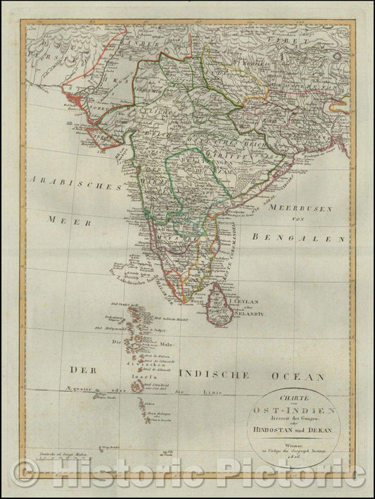 Historic Map - Charte von Ost-Indien diesseit des Ganges oder Hindostan und Dekan/Map of of India, published in Weimar, 1806, Weimar Geographische Institut - Vintage Wall Art